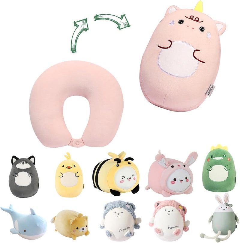 stocaggio Kids Travel Pillow - 2-in-1 Deformable Kids Neck Pillow for Traveling, Soft U-Shaped Pillow with Adorable Animal Design, Comfy Sleep and Play, Ideal for Airplanes and Cars - Pink Unicorn - Image 1
